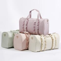 Fashion Cute Nude Green Blue Lilac Pink Large Capacity Gingham Ruffle Handbag Luggage Bags Travel Garment Duffel Gym Duffel Bag