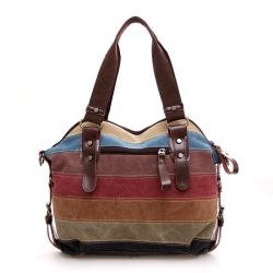 KBW728 Hot Selling Women Bag Rainbow Striped Canvas Portable Shoulder Bag Fashionable Ladies Patchwork Washable Cloth Bag