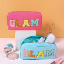 Factory direct supply of fashion solid color towel embroidered nylon letters makeup bag ladies casual waterproof Cosmetics Bags