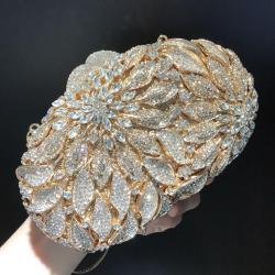 Luxury leaf flower inlaid diamond evening bag gold banquet party women handbag hollowed out metal box rhinestone clutch bag