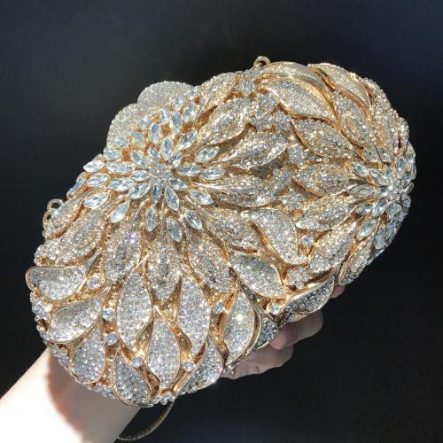 Luxury leaf flower inlaid diamond evening bag gold banquet party women handbag hollowed out metal box rhinestone clutch bag