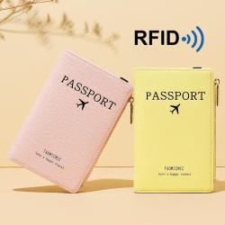 HR243 Simple Rfid Passport Bag Solid Color Cute Zipper Card Bag Airplane Anti Magnetic PU Leather Passport Clip Protective Case