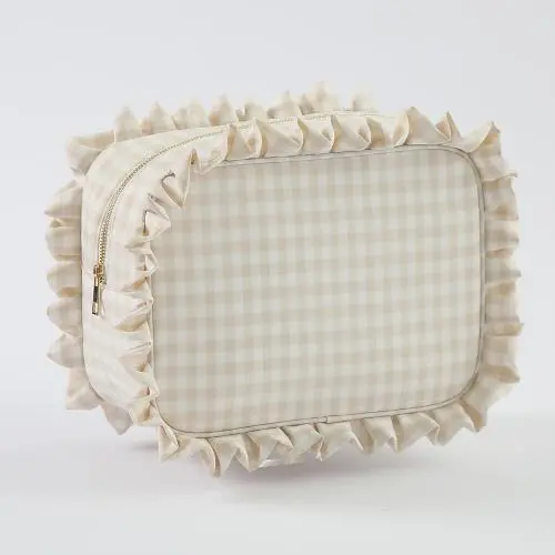 New Trends Hot sale  Best Gifts Makeup Brush Set With Bag For Girls Ruffle Gingham Makeup Brush Pouch Plaid Cosmetic Bag White