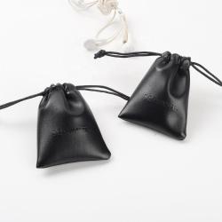 Hot Sale Emboss Logo Phone Charger Leather Waterproof Drawstring Storage Bag Mini Black Leather Gift Pouch