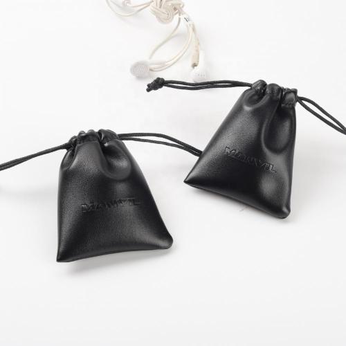 Hot Sale Emboss Logo Phone Charger Leather Waterproof Drawstring Storage Bag Mini Black Leather Gift Pouch