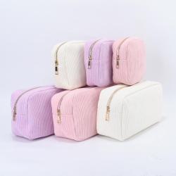 Custom Embroidery Logo Soft Velvet Durable Corduroy Makeup Bag Women Men Travel Pouch Toiletry Organizer Corduroy Cosmetic Bag