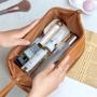 Custom Logo Double Layer Make up Pouch pu leather soft travel organizer beige cosmetic bag