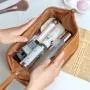 Custom Logo Double Layer Make up Pouch pu leather soft travel organizer beige cosmetic bag