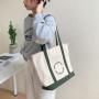 Women's simple monogram embroidery shopping canvas bag fashion trend single shoulder bag large capacity color patchwork handbag