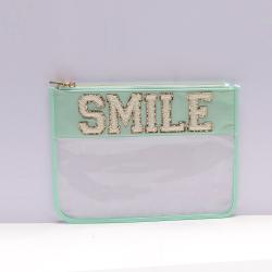 Keymay New Design Stock Chenille Letter Patch Clear Travel Pouch Makeup Bag Clear Flat Pouch Pvc Clear Zipper Cosmetic Bag