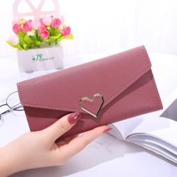 2024 New Plain Heart Wallet Women's Long Multi Card Buckle Mobile Phone Women's Wallet Women's Long Purse