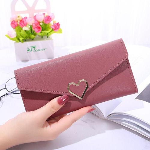 2024 New Plain Heart Wallet Women's Long Multi Card Buckle Mobile Phone Women's Wallet Women's Long Purse