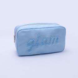 Keymay Custom Personalized Gift Embroidery Chenille Letter Nylon Pouch Cosmetic Makeup Bag Large Capacity Travel Cosmetic Bag
