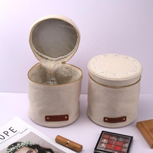 Round Portable Canvas Custom Women Bucket Cosmetic Bag Zipper Skincare Travel Cotton Canvas Makeup Cosmetic Pouch