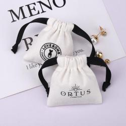 Custom Logo Printed Mini Cotton Canvas Jewelry Bag Drawstring Brush Canvas Earring Ring Packing Jewelry Pouch