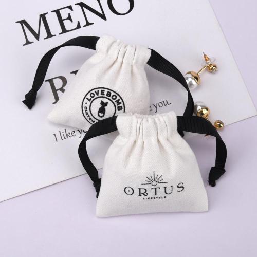 Custom Logo Printed Mini Cotton Canvas Jewelry Bag Drawstring Brush Canvas Earring Ring Packing Jewelry Pouch