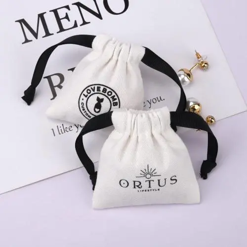 Custom Logo Printed Mini Cotton Canvas Jewelry Bag Drawstring Brush Canvas Earring Ring Packing Jewelry Pouch