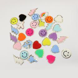 Keymay Bag Cute Smile Face Lightening Rainbow Chenille Letter Patch Decorative Repair Accessories Patches Heart DIY Cosmetic Bag