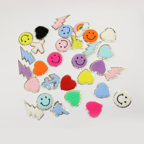 Keymay Bag Cute Smile Face Lightening Rainbow Chenille Letter Patch Decorative Repair Accessories Patches Heart DIY Cosmetic Bag