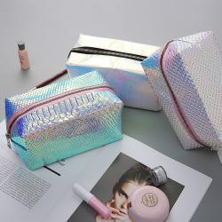 Wholesale Dazzling Color Laser PU Cosmetic Pouch Travel Portable Shiny Glitter Square Makeup Bag Waterproof