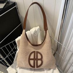 Large capacity tote bag female 2024 new tide retro handbag straw bag fashion shoulder collision colour splicing woven bag