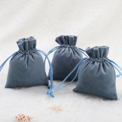 Custom Emboss Logo Soft Blue Luxury Flannel Gift Packaging Drawstring Velvet Jewelry Pouch Bag