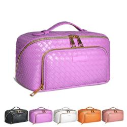 Portable Large Leather Cosmetic Bag with Strap Travel-Friendly Waterproof Anti-Dust Makeup Bag for Women Opens Flat Lay Makeup