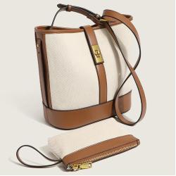 2024 new trend large-capacity canvas stitching bucket bag simple contrast color Joker shoulder bag