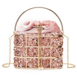 HR615 Women's Dinner Bag Fashion Metal Hollow Sequin Bucket Evening Clutch Bag Luxury One Shoulder Crossbody Party Handbag