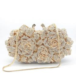 Women Gold Rose Flower Hollow Out Crystal Evening Metal Clutches Small Minaudiere Handbag Purse Wedding Box Clutch Bag