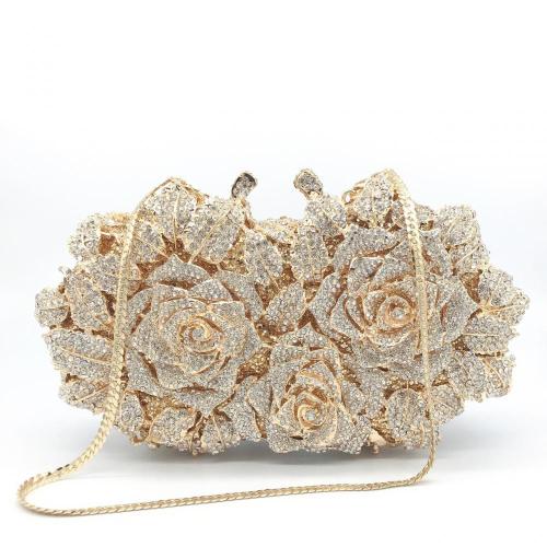 Women Gold Rose Flower Hollow Out Crystal Evening Metal Clutches Small Minaudiere Handbag Purse Wedding Box Clutch Bag