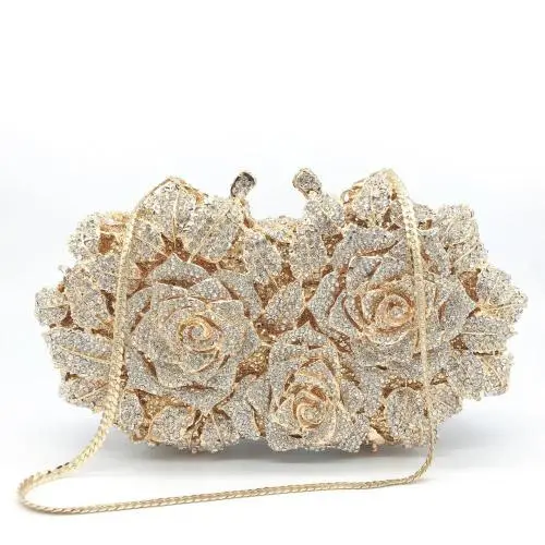 Women Gold Rose Flower Hollow Out Crystal Evening Metal Clutches Small Minaudiere Handbag Purse Wedding Box Clutch Bag