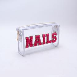 keymay Custom Embroidery Chenille Letters PVC Zipper Pouch Custom Logo Transparent Toiletry Makeup Bag Clear Cosmetic Bag