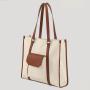 Custom Beige Cream Low MOQ Leather Trim Front Pockets for Women Canvas Personalize Weekender Large Travel Beach Bags and Totes