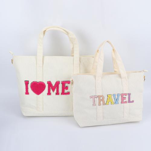 Keymay High Quality Personalized Embroidery Chenille Letter Patch Winter Corduroy Handbag Corduroy Travel Bag Corduroy Tote Bag