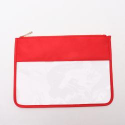 Keymay New Christmas Red Clear Nylon Cosmetic Bag Personalized Gift Varsity Letter Patch Makeup Bag PVC Nylon Flat Pouch