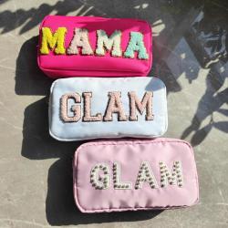 Customization Makeup Chenille GLAM Purses Pearl Letter Patch Sewn Wedding Gift Toiletry Cosmetic Bags Nylon Travel Pouch
