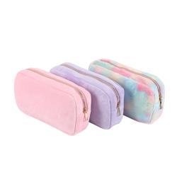 Keymay Low MOQ Durable Gold Zipper Cozy Plush Girls Winter Travel Bag Velvet Makeup Bag Velvet Pouch Terry Cloth Cosmetic Bags