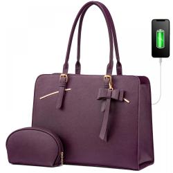 PU Leather Stylish Waterproof Briefcase Multi-Compartment Women Handbag Laptop Tote Bag with USB Port and Additional Clutch Bag