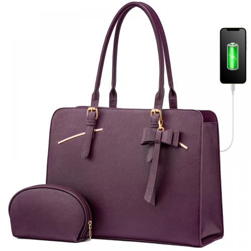 PU Leather Stylish Waterproof Briefcase Multi-Compartment Women Handbag Laptop Tote Bag with USB Port and Additional Clutch Bag