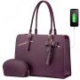 PU Leather Stylish Waterproof Briefcase Multi-Compartment Women Handbag Laptop Tote Bag with USB Port and Additional Clutch Bag
