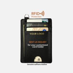 RFID custom genuine Saffiano leather Front Pocket Slim Minimalist Wallets ID cardholder credit card holder lanyard wallet