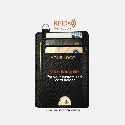 RFID custom genuine Saffiano leather Front Pocket Slim Minimalist Wallets ID cardholder credit card holder lanyard wallet