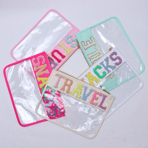 RTS TRAVEL SNACKS STUFF SMILE SKIN Clear Pouch  Clear Pvc Letter Bag Snack Travel Bag Clear Makeup Bag with Sewn on Patches
