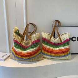2024 Rainbow Colorful Stripe Straw Bag Summer Beach Eco Friendly Handmade Woven Raffia Tote Bag Designer Wallet Bags