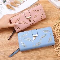 2024 new women's wallet skeleton leaves money clip wallet wallet Korean version of the two-fold zipper long card bag clutch bag