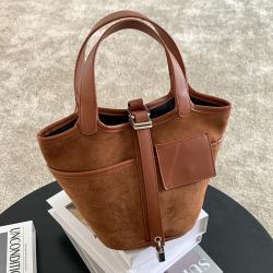 Autumn Retro Spliced Leather Basket Bag External Leather Buckle Suede Leather Handbag