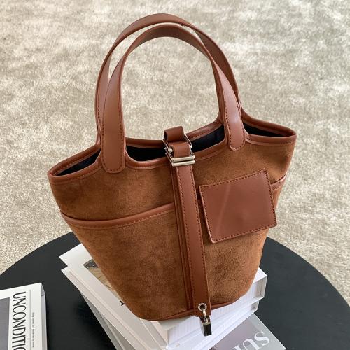 Autumn Retro Spliced Leather Basket Bag External Leather Buckle Suede Leather Handbag