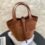 Autumn Retro Spliced Leather Basket Bag External Leather Buckle Suede Leather Handbag