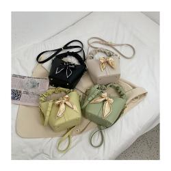 Summer Pure Handbag Women Bucket Bag Purses Women Bucket Crossbody Bucket Bag Leather With Bow Scarf